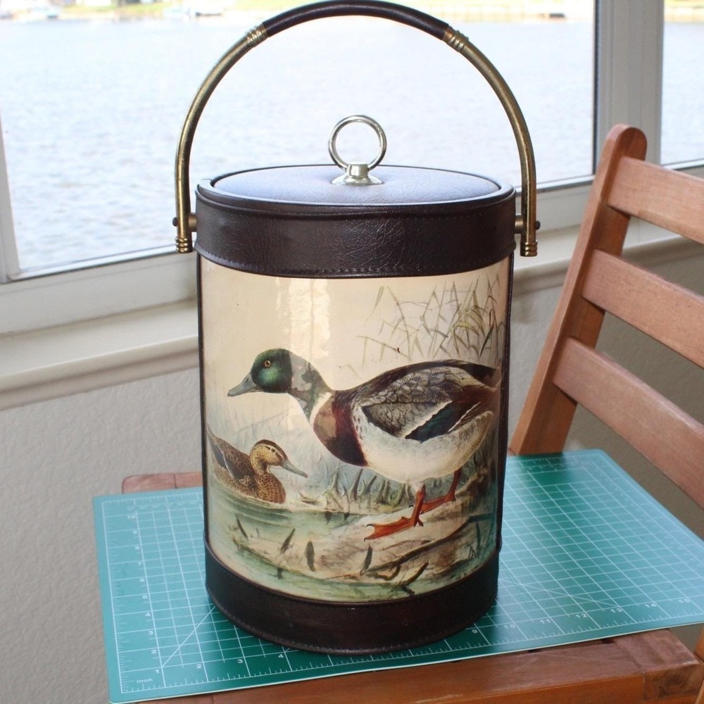 Vintage Mallard Duck Large Ice Bucket Faux Leather Clean Hunting Lodge Cabin
